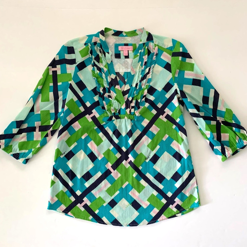 Lilly Pulitzer Plaid Ruffle Tunic Top sz 0 2 XS Crinkle Cotton 3/4 sleeves